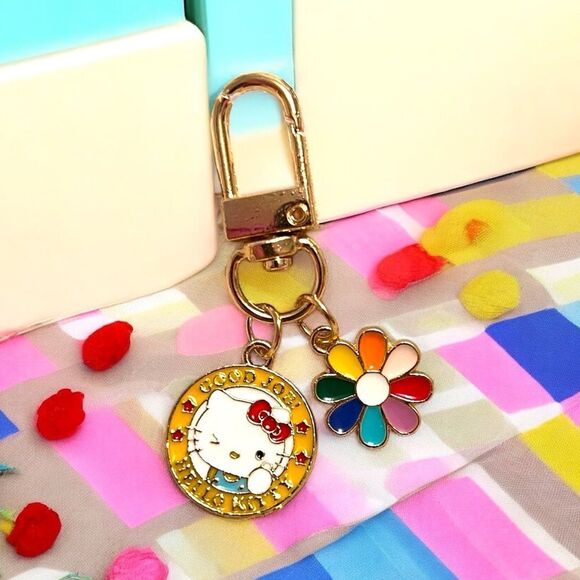 Yellow Rainbow Flower Hello Kitty Bag Charm Zipper Pull - Picture 1 of 2
